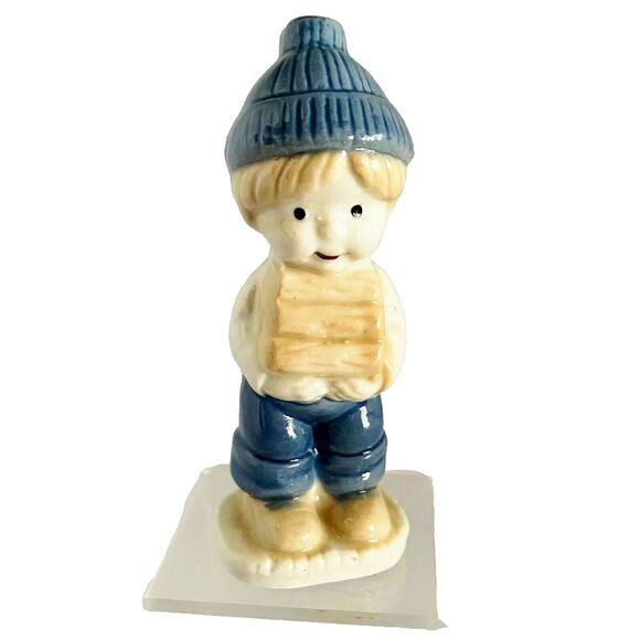 Vintage Ceramic Figurine Boy Carrying Woods Porcelain  Figure Blue & White - Picture 1 of 8